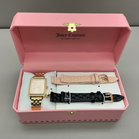 Juicy Couture Accessories - Juicy Couture Womens Watch Gold Tone Rhinestone Pink Dial 2 Extra Bands Box Set